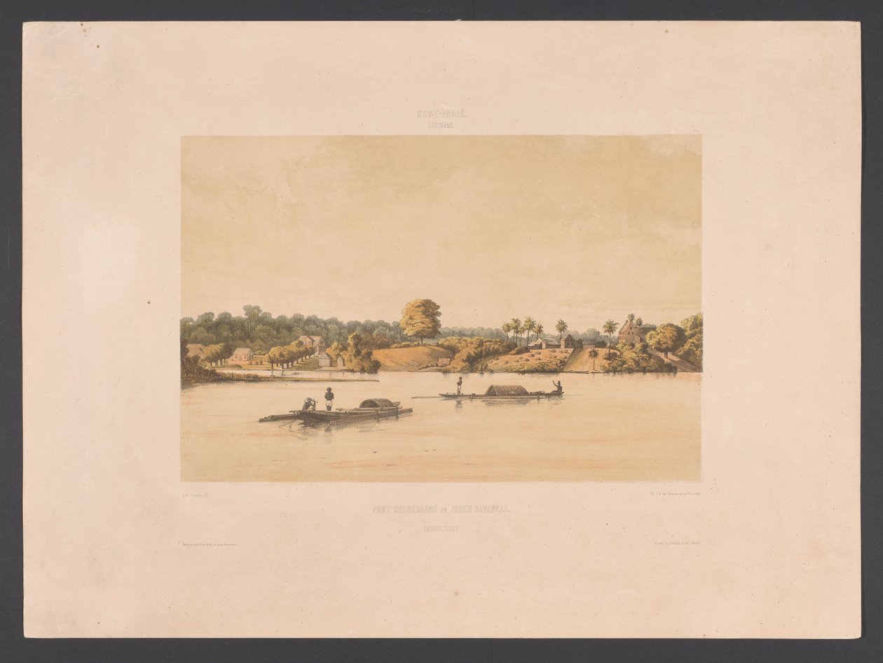 Paramaribo Post Gelderland ve Joden Savannah'da [nehir tarafı] (nesne üzerinde başlık) Batı Hint Adaları (nesne üzerinde seri başlığı) Gezigten uit Neerland's West-Indien (dizi başlığı) by jonkheer Jacob Eduard van Heemskerck