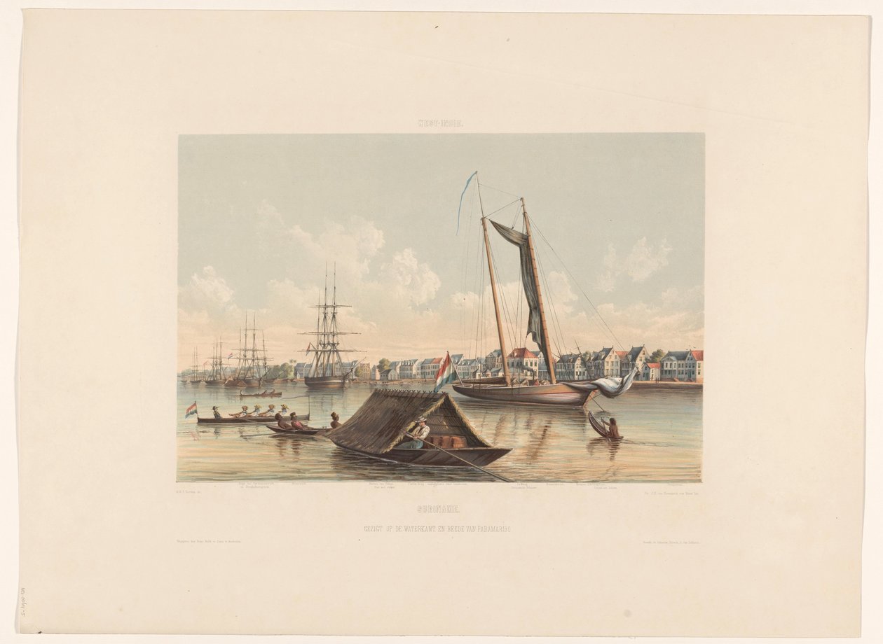 Paramaribo Surinam'da sahil ve yol kenarı. Waterkant ve Paramaribo Roadstead'in görünümü (nesne üzerindeki başlık) by jonkheer Jacob Eduard van Heemskerck