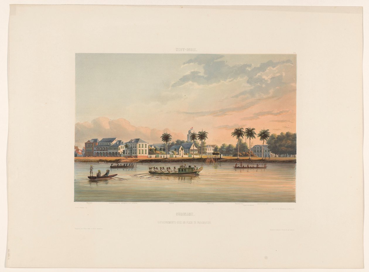 Paramaribo Surinam'da Vali Evi ile birlikte su kenarı. Paramaribo'da hükümet binası ve meydan (nesne üzerindeki başlık) by jonkheer Jacob Eduard van Heemskerck