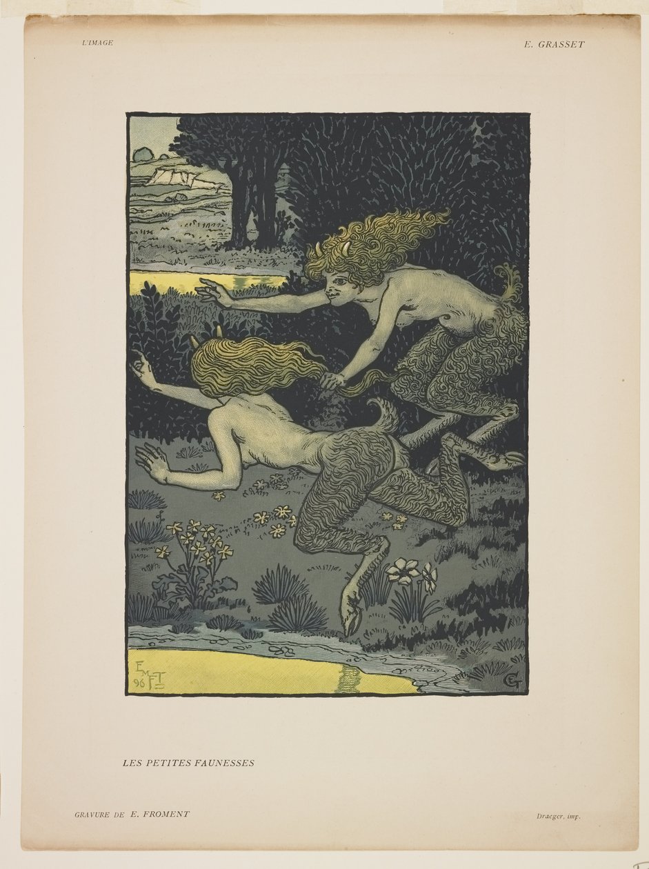 Les Petites Faunesses, 1896 (renkli ahşap gravür) by Émile Froment