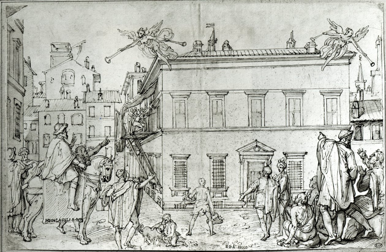 Michelangelo at sırtında bir sanatçıyı ziyaret ediyor by Federico Zuccari or Zuccaro