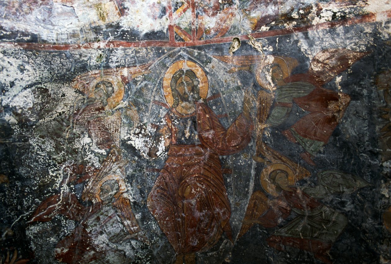 Melekler ve aziz ile İsa, Panagia kilisesinde fresk, Kitiros, Girit, Yunanistan (fotoğraf) by Theodore Charles Ange Coquelin