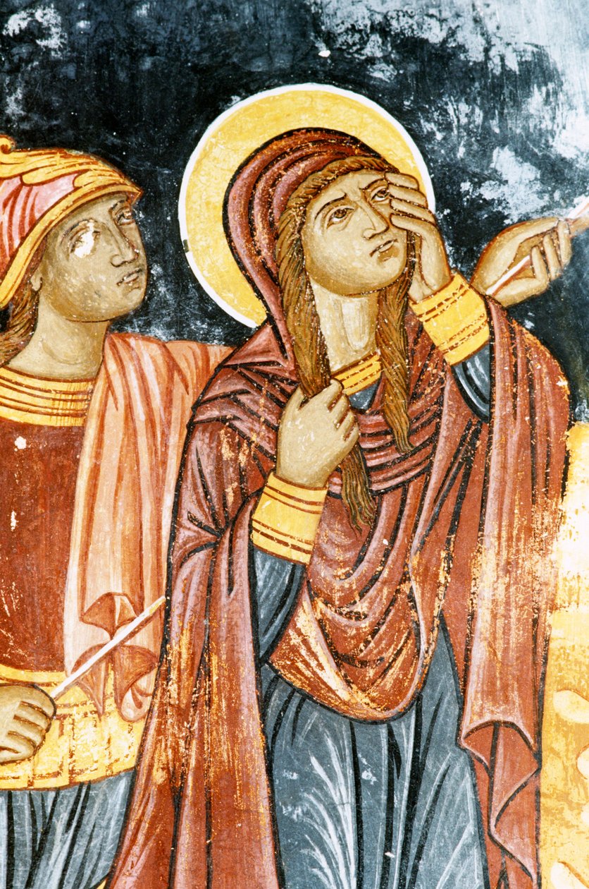 St Longinus ve Mary, Çarmıha Gerilme sahnesi, Mikro Sotiris manastırındaki fresk, Symi adası, Yunanistan (fotoğraf) by Theodore Charles Ange Coquelin