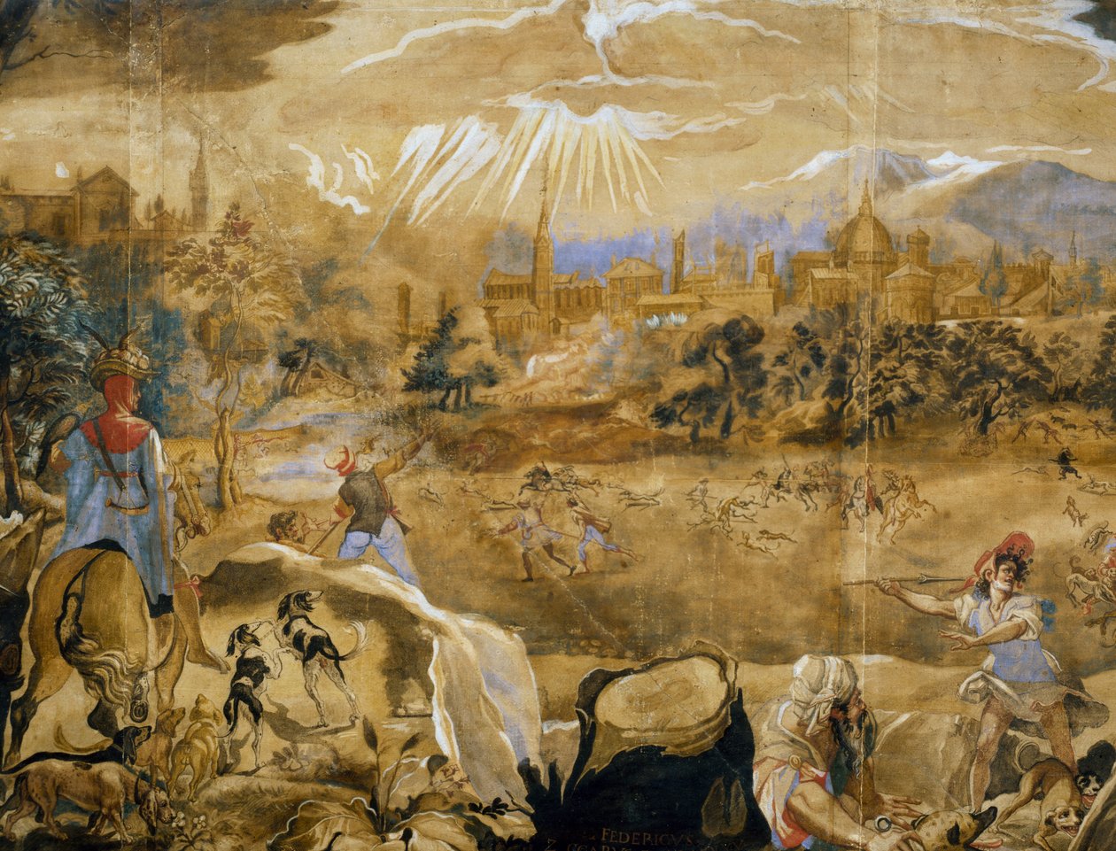 Geyik avı (arka planda ideal Floransa manzarası ile), detay, c.1565 by or Zuccaro Federico Zuccari