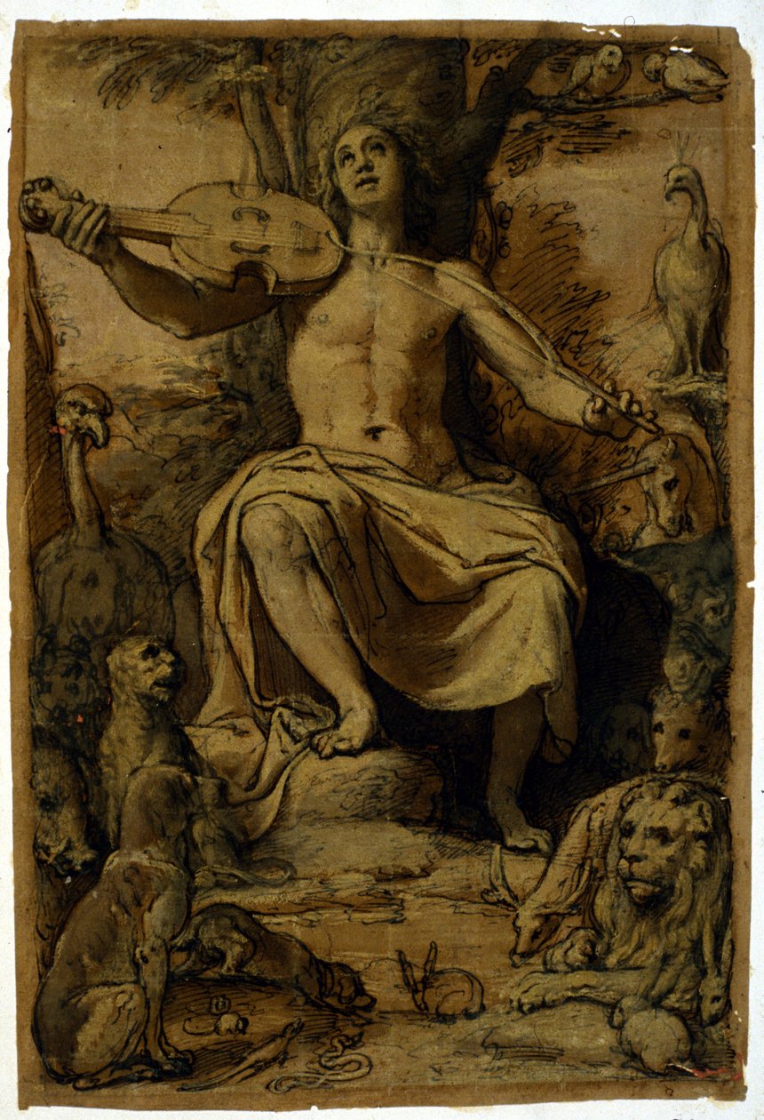 Orpheus hayvanları keman müziğiyle büyüler. Federico Zuccari