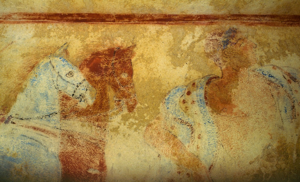 Atlı ve erkek figürlü cenaze alayı, fresk, detay, Mavi Şeytanların Mezarı, Tarquinia Nekropolü (UNESCO Dünya Mirası Listesi, 2004), Lazio, İtalya. Etrüsk uygarlığı, MÖ 5. yy (fotoğraf) by Unbekannt Unbekannt