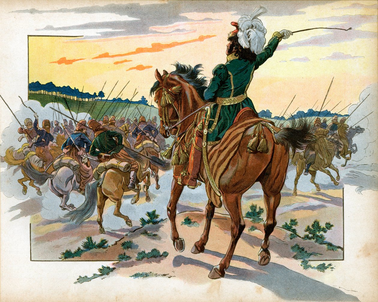 Rus seferi sırasında Joachim Murat (1767-1815) Kazaklara karşı tek başına ilerlemiş ve tek başına varlığıyla onları geride bırakmıştır. Jacques Marie Gaston Onfray de Breville tarafından yapılan gravür, Job (1858-1931) by pseudonym for Onfray de Breville Jacques Job