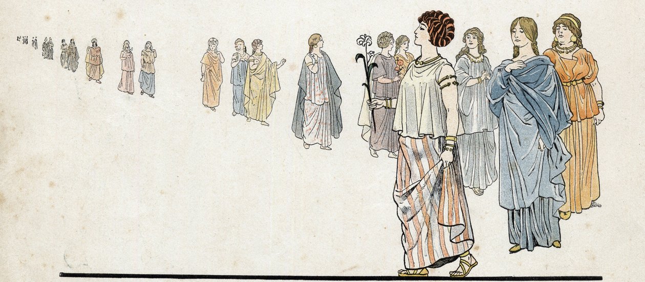 Omuzlarında zımbalanmış elbiseleri ve kollarında ağır mücevherler olan Femmes des “özgür erkekler” (özgür vatandaşlar). “” Fransa