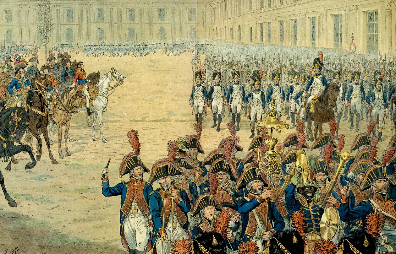 Napolyon I Bonaparte (1769-1821) tarafından Tuileries avlusundaki konsolosluk muhafızının ilk incelemesi. 1800
