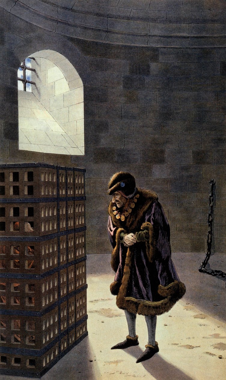 Fransız kralı XI. Louis, Kardinal Jean de la Balue'yi hapishanede ziyaret etti by pseudonym for Onfray de Breville Jacques Job