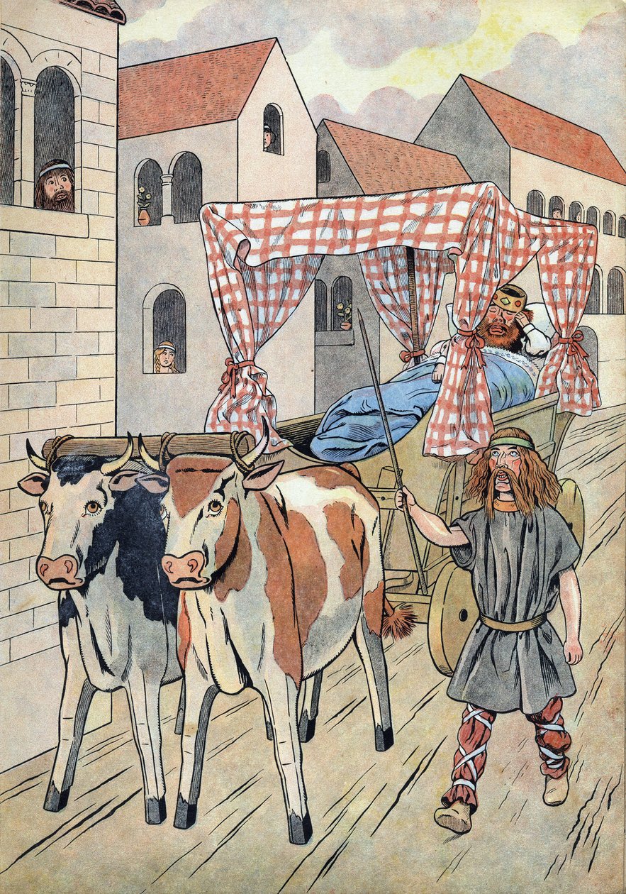 Fransa Tarihi. Tembel kralları oyuncaklarla betimleyen sahne: Fransa Kralı III. Thierry (673-691) öküzlerin çektiği yatağı olan bir tank taşır. “” Joujoux a l