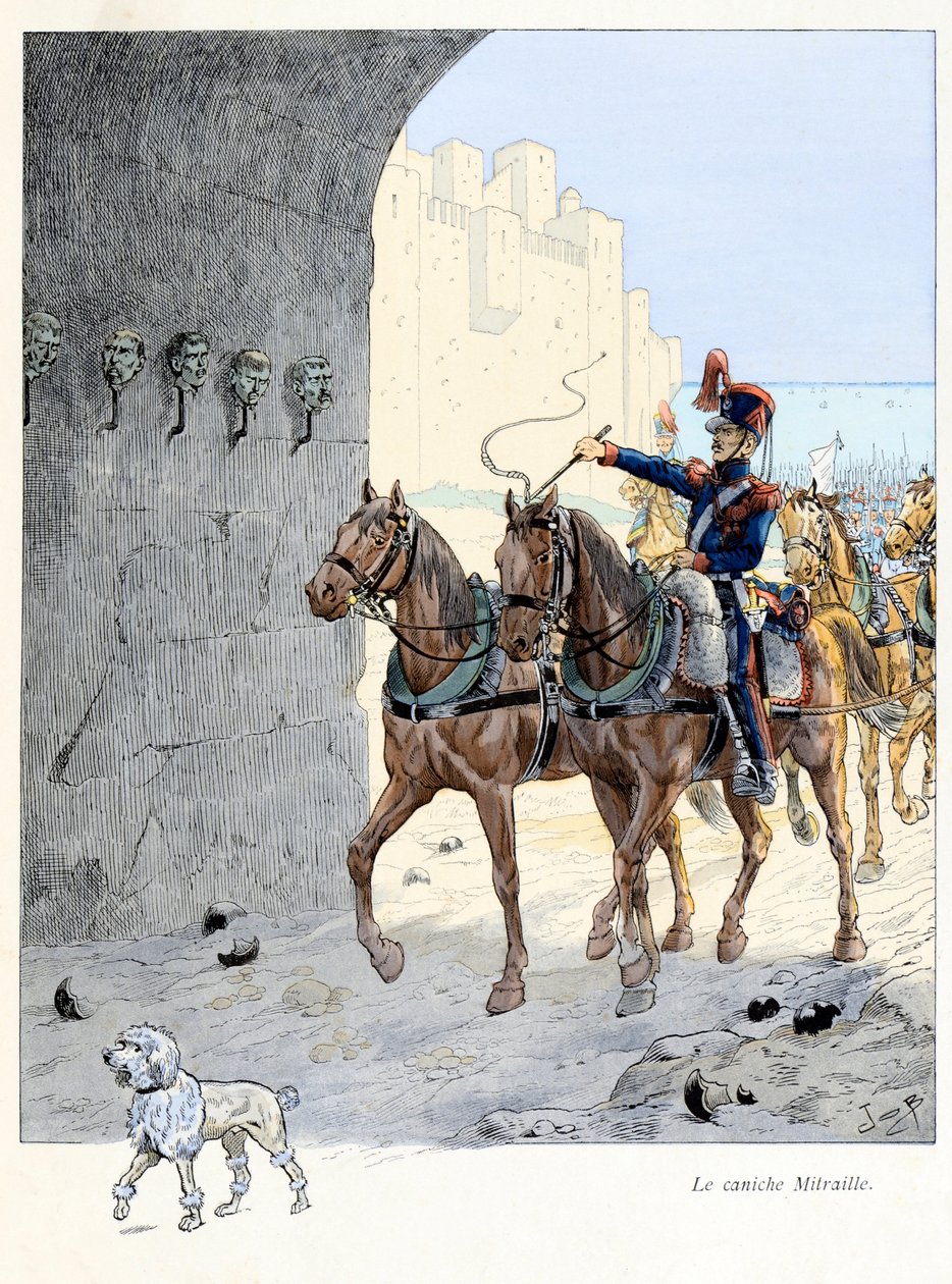 A Fabre tarafından yazılan “A la gloire des betes” kitabından illüstrasyon, çizimler Jacques Marie Gaston Onfray de Breville dit JOB (1858-1931), yayıncı Maison Alfred Mame et fils: The Mitraille fino köpeği (2. topçuda basit fino köpeği) alay, o oldu by pseudonym for Onfray de Breville Jacques Job