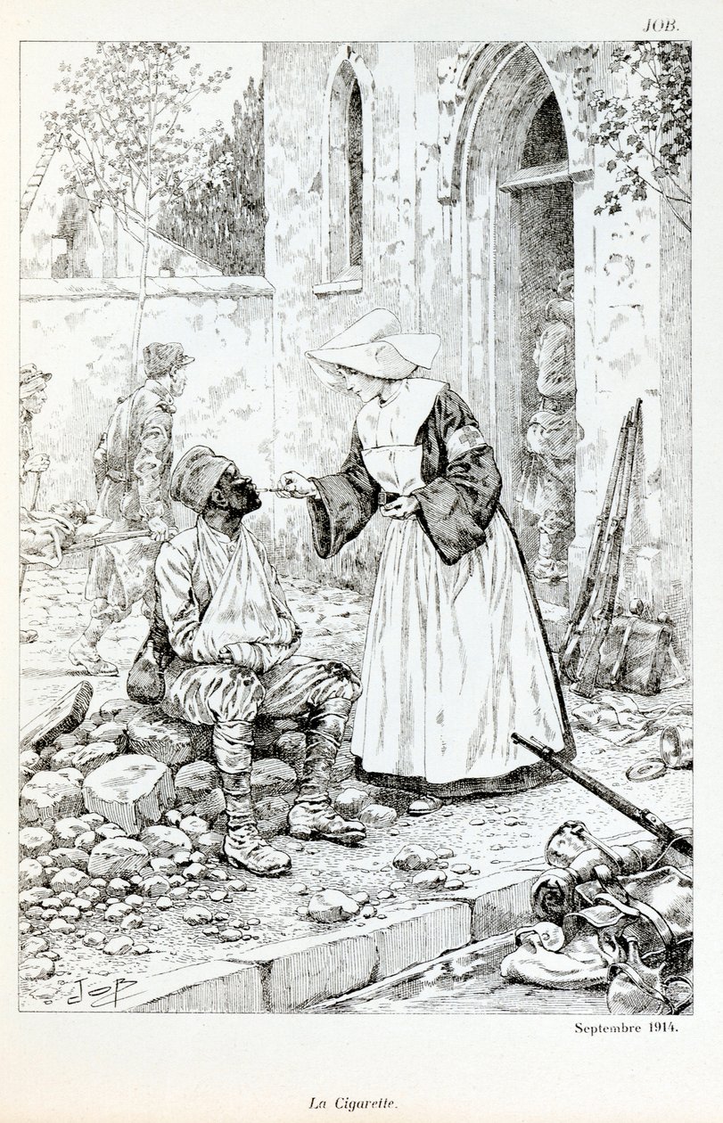 “La Grande Guerre par les artistes” kitabından illüstrasyon: “” La cigarette Septembre 1914””” Jacques Marie Gaston Onfray de Breville dit JOB (1858-1931), Kısmi Koleksiyon tarafından yaralı bir askere sigara verilmesi dini by pseudonym for Onfray de Breville Jacques Job