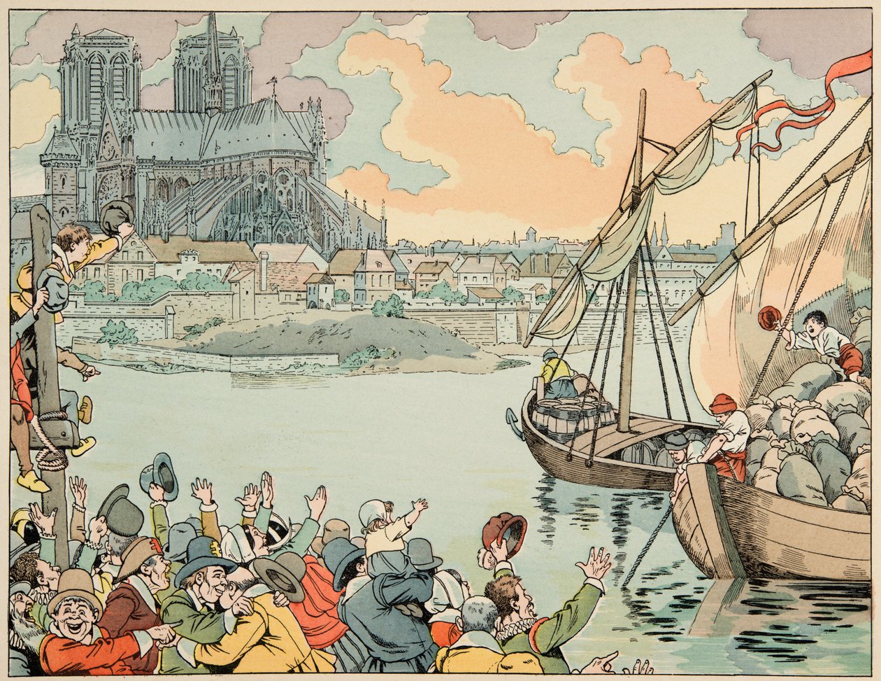 Jacques Marie Gaston Onfray de Breville dit JOB (1858-1931) tarafından resmedilen “Le bon roy Henri” kitabından çizim: Paris refuitaille - Özel koleksiyon by pseudonym for Onfray de Breville Jacques Job