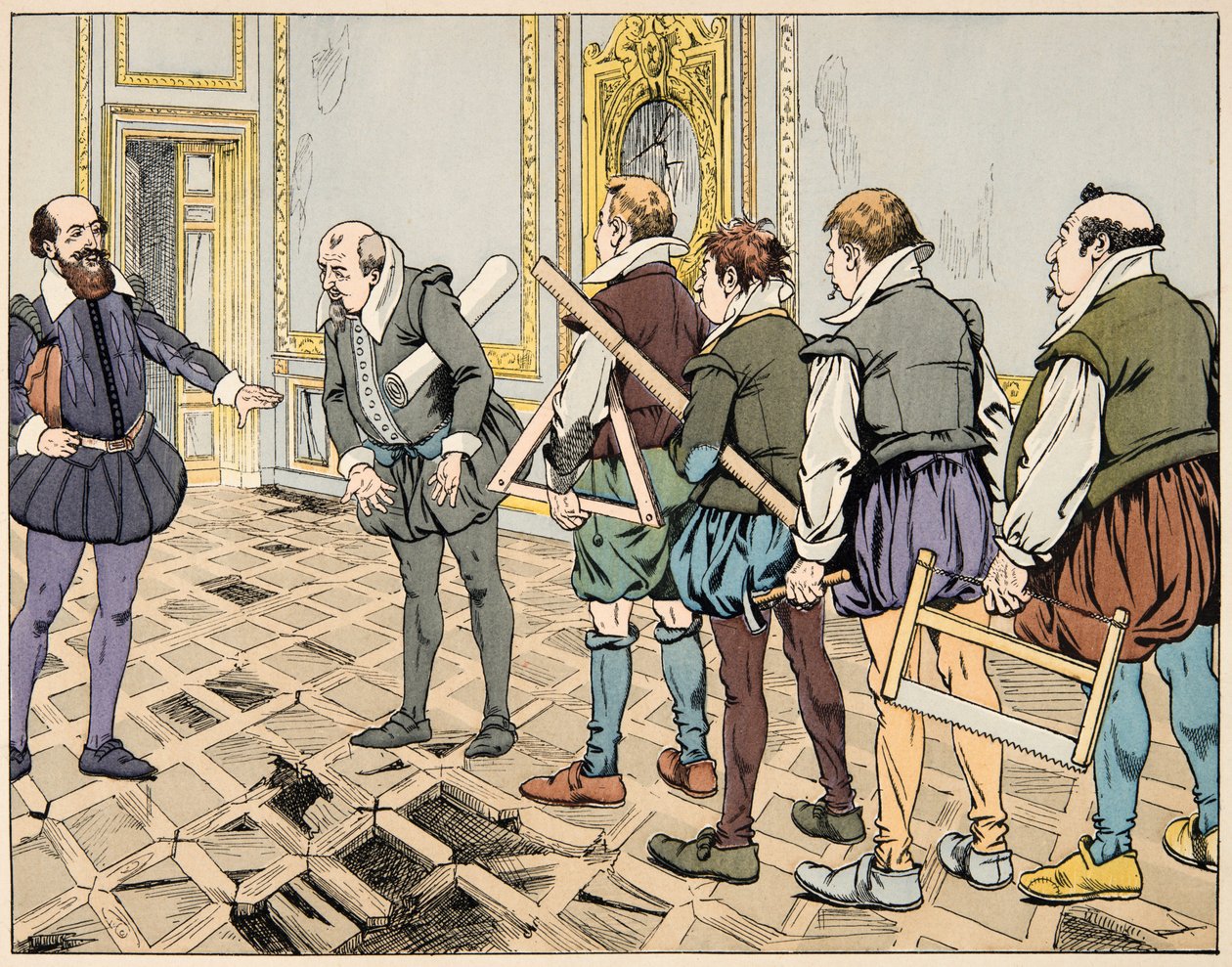 “Le bon roy Henri” kitabından çizim, Jacques Marie Gaston Onfray de Breville dit JOB (1858-1931): Sully (Maximilian de Bethune) ciddi bir ekonomi gösteriyor - Özel koleksiyon by pseudonym for Onfray de Breville Jacques Job