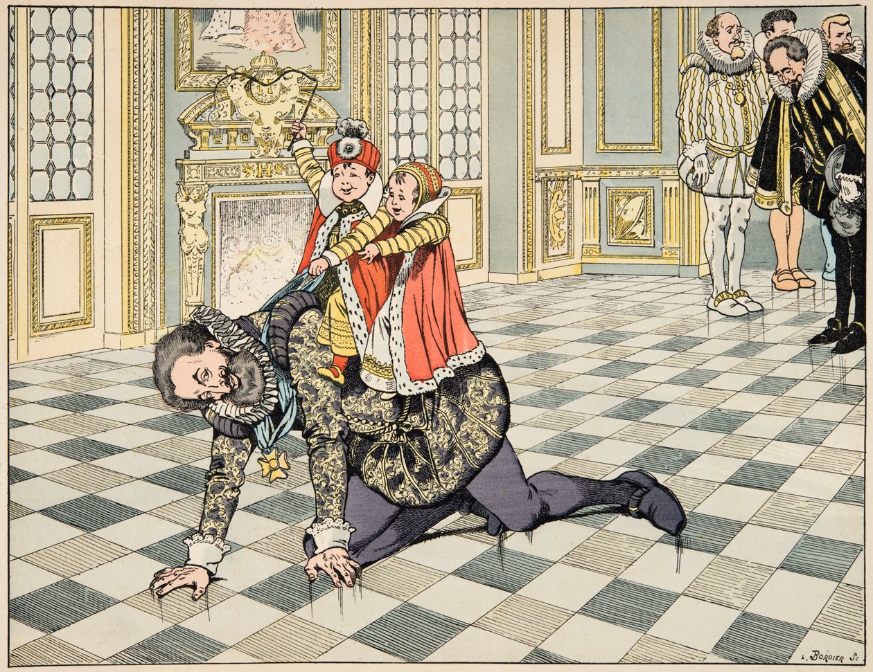 Jacques Marie Gaston Onfray de Breville dit JOB (1858-1931) tarafından resmedilen “Le bon roy Henri” kitabından illüstrasyon: IV. Henri, İspanyol büyükelçisinin önünde çocuklarıyla oynuyor - Özel koleksiyon by pseudonym for Onfray de Breville Jacques Job