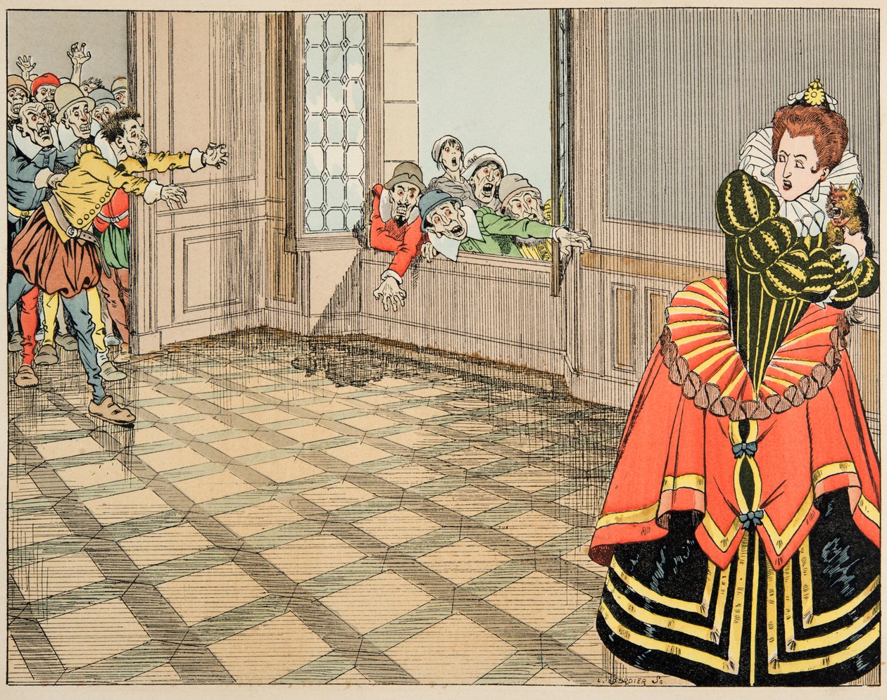 “Le bon roy Henri” kitabından çizim, Jacques Marie Gaston Onfray de Breville dit JOB (1858-1931): Montpensier Düşesi (Catherine de Lorraine) by pseudonym for Onfray de Breville Jacques Job