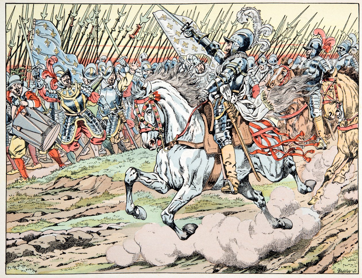 “Le bon roy Henri” kitabından alınan çizim, Jacques Marie Gaston Onfray de Breville dit JOB (1858-1931): Henri IV ordusunun önünde: Follow mon plume blanc - Özel koleksiyon by pseudonym for Onfray de Breville Jacques Job