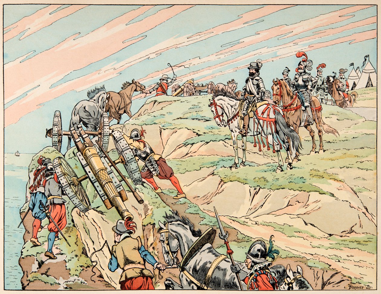 “Le bon roy Henri” kitabından alınan çizim, Jacques Marie Gaston Onfray de Breville dit JOB (1858-1931): IV. Henri savaşta topçularıyla Dieppe yakınlarında kampını kurdu - Özel koleksiyon by pseudonym for Onfray de Breville Jacques Job