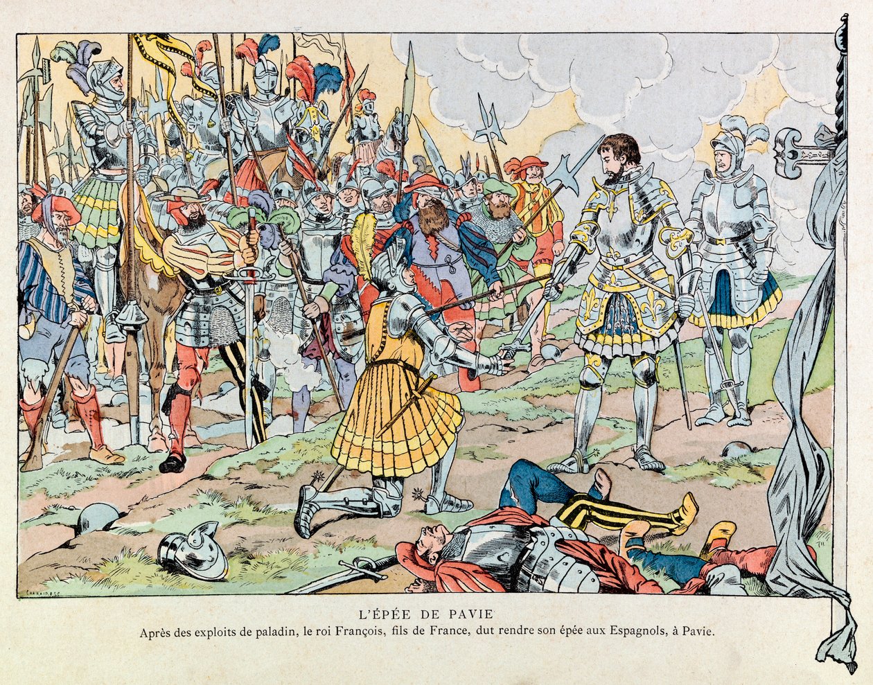 Jacques Marie Gaston Onfray de Breville, JOB (1858 - 1931); “Les epees de France” kitabından illüstrasyon: Kral Francois 1, Pavia