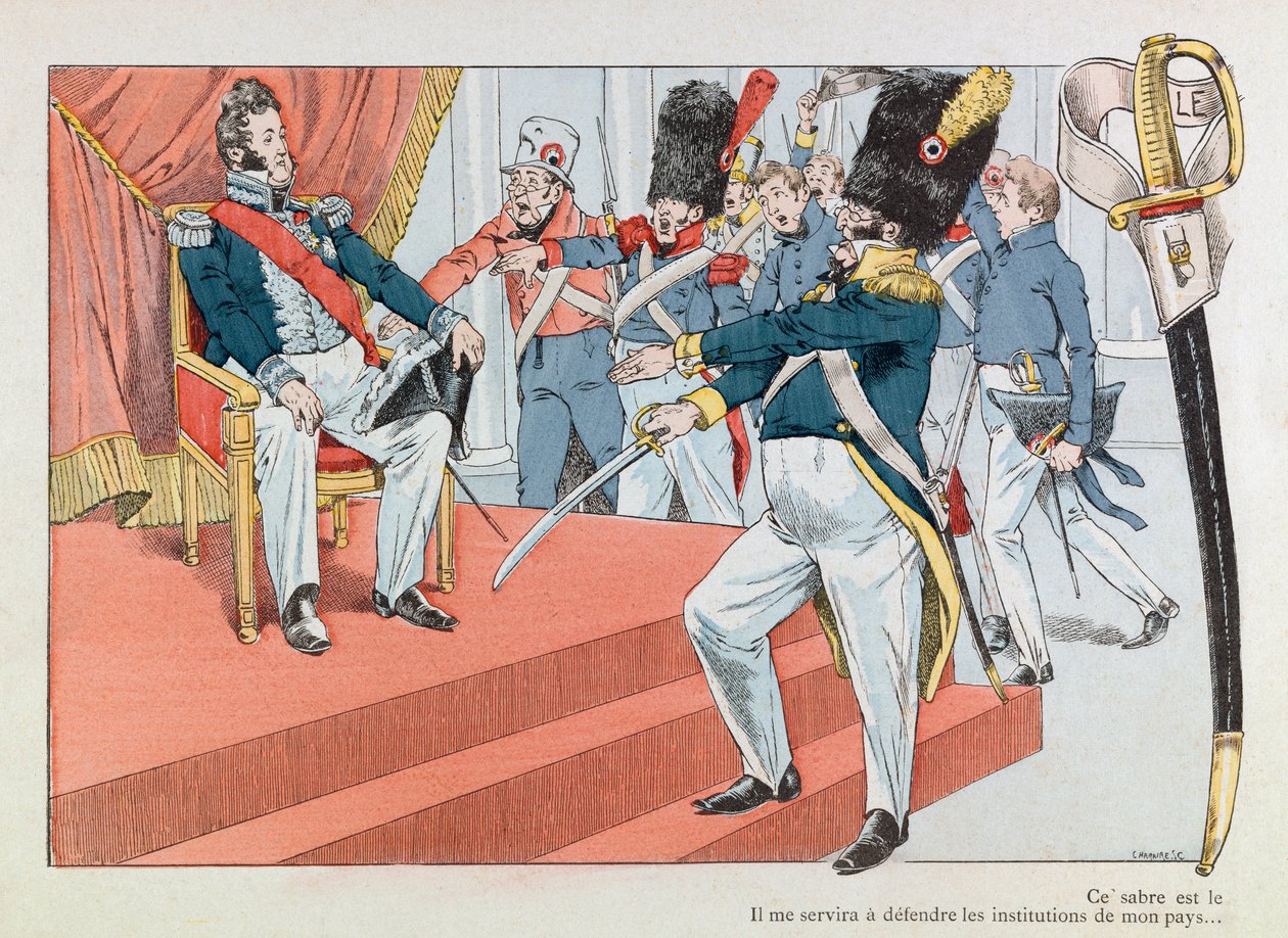 Jacques Marie Gaston Onfray de Breville, JOB (1858 - 1931); “” Les epees de France” kitabından alınan illüstrasyon: Louis Philippe (1773-1850) tahtta (Henri Monnier Ulusal Muhafız nişanını alıyor “” Bu kılıç en güzel by pseudonym for Onfray de Breville Jacques Job