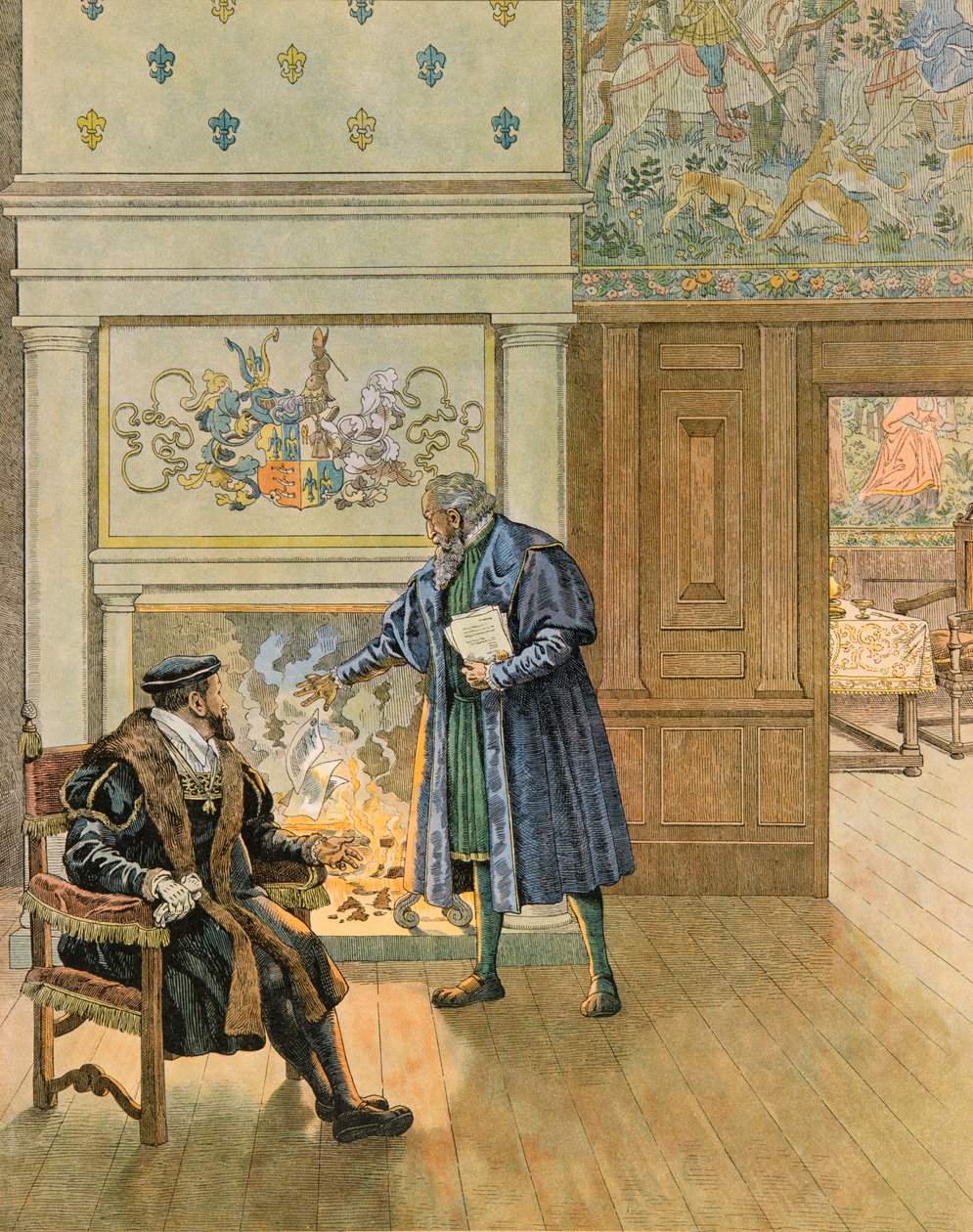 Jacques Marie Gaston Onfroy de Breville dit JOB (1858-1931) - Belçika Tarihi: İmparator Charles V (1500 - 1558) Antwerp şehrinin büyük tüccarlarını ve finansörlerini ziyaret ediyor, Özel Koleksiyon by pseudonym for Onfray de Breville Jacques Job