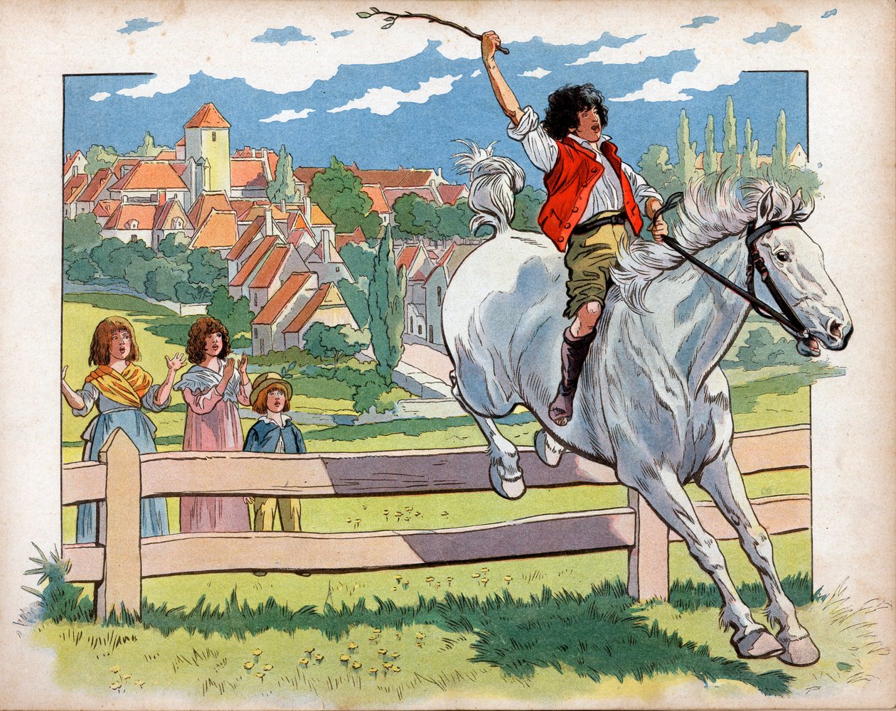 Joachim Murat (1767-1815) atlı bir çocuk çitlerden atlamak için trene biniyor. Jacques Marie Gaston Onfray de Breville tarafından yapılan gravür, Job (1858-1931) by pseudonym for Onfray de Breville Jacques Job