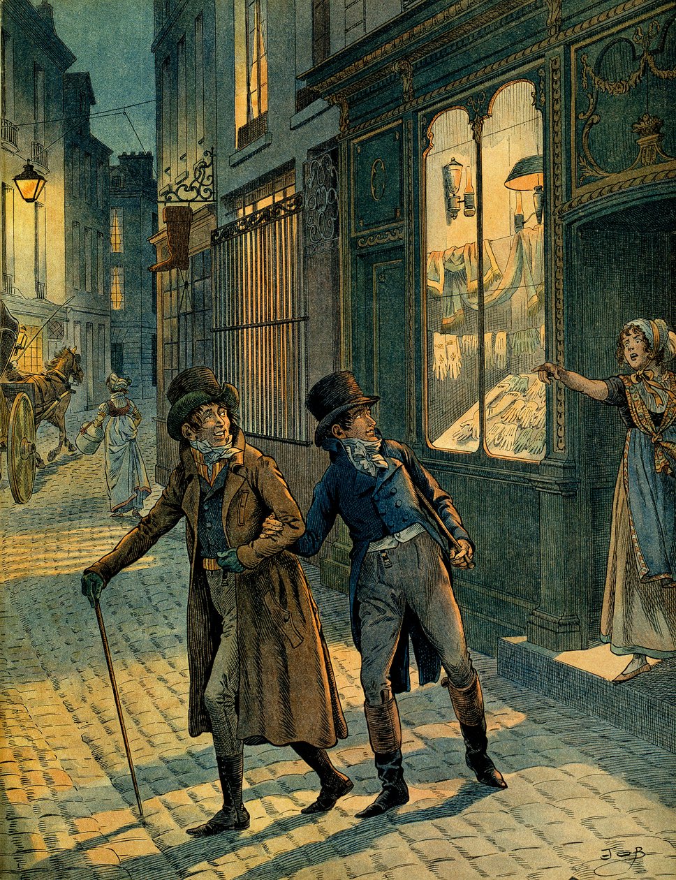 Louis Antoine Fauvelet de Bourrienne (1769-1834) ve Napolyon I Bonaparte (1769-1821) Paris sokaklarında kılık değiştirmiş halde. Jacques Marie Gaston Onfray de Breville