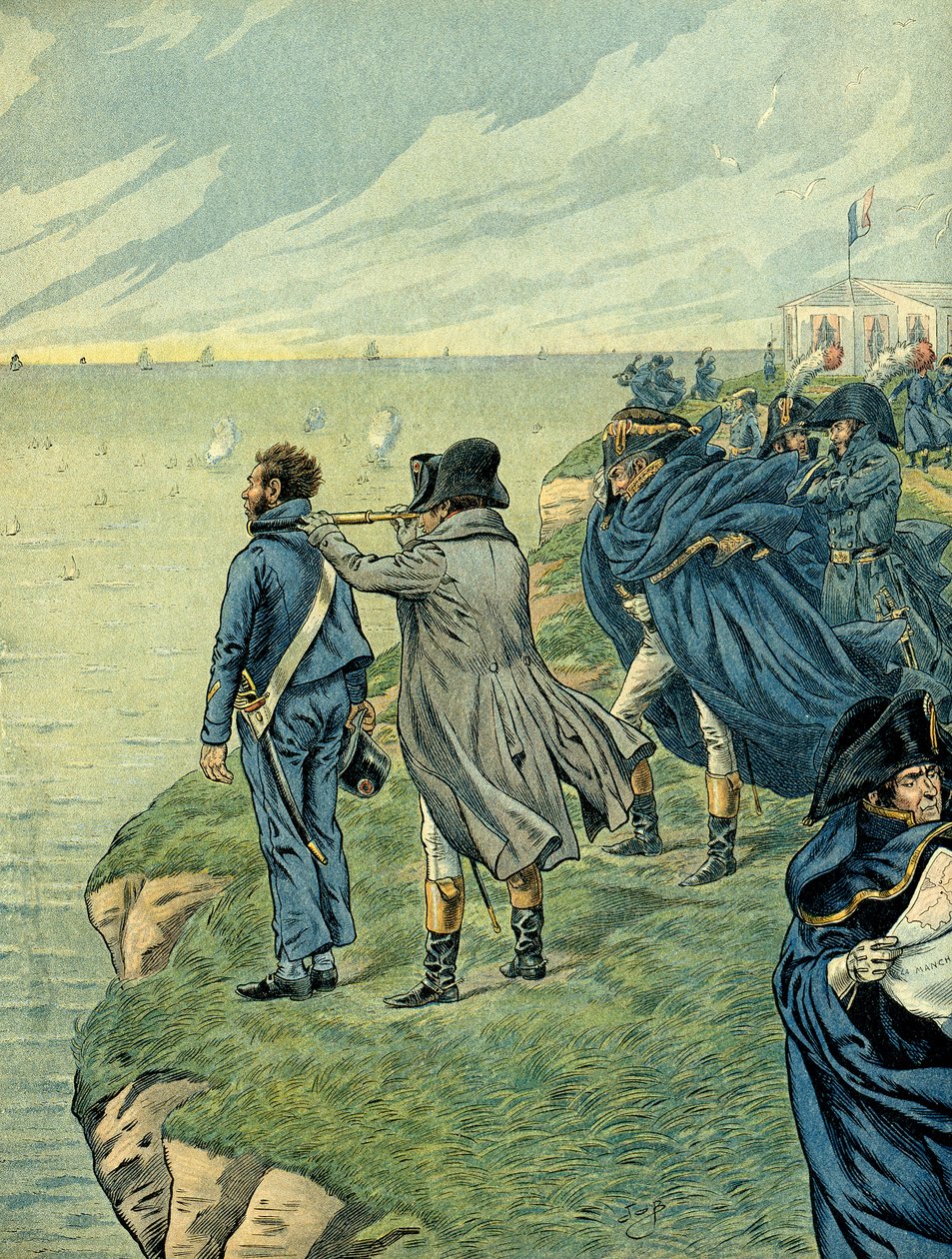 Napolyon I Bonaparte (1769-1821) Temmuz 1804'te Boulogne kampının cephaneliğini ziyaret etti. Çizim Jacques Marie Gaston Onfray de Breville dit JOB (1858-1931). Özel koleksiyon by pseudonym for Onfray de Breville Jacques Job
