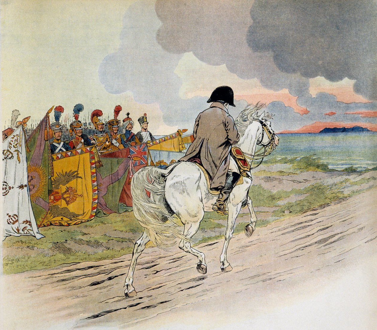 Napolyon, Elba adasındaki Sürgünde ayrılırken at sırtında birliklerinin önünden geçiyor. Jacques Marie Gaston Onfray de Breville