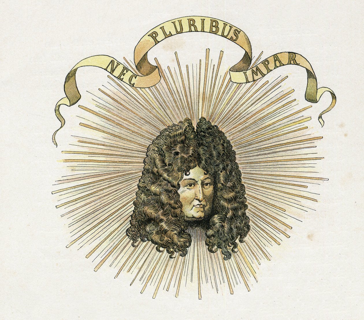 Latince “Nec pluribus impar” mottosuyla Kral XIV. Louis (1638-1715) portresi (A benzeri yok). “” Fransa