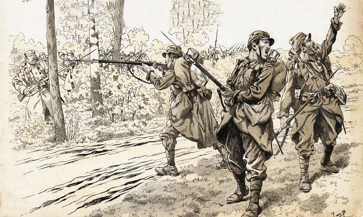 Vur onları! 1914-1918 savaşının Fransız askerleri, düşmanın gücünü ve tam yerini tanımak için devriyeye gönderildi. Alman birliklerini bulduktan sonra, ateşler arasında kalma endişesi duymadan ateş emrini verdiler. İş Resmi (J by pseudonym for Onfray de Breville Jacques Job