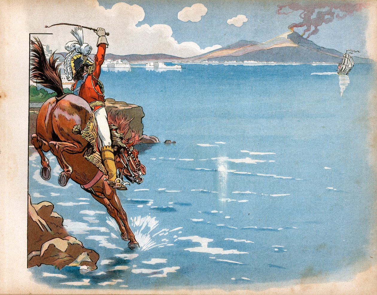 İngilizler, devletinin kıyılarında sürdüler ve deniz kıyısında ata binerken, Napoli kralı Joachim Murat (1767-1815), bir İngiliz firkateyni gördü, atını suya itti ve hücum etti. Jacques Marie Gaston Onfray de Breville tarafından gravür by pseudonym for Onfray de Breville Jacques Job