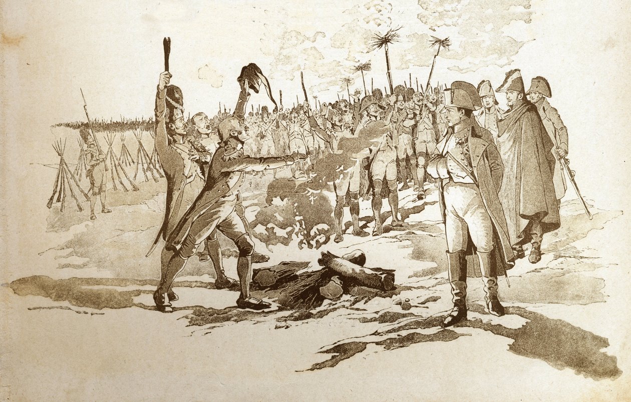 Kendinizi ifşa etmenize gerek yok, size Austerlitz savaşından önce Napolyon I Bonaparte (1769-1821) bivakları ziyaret ettiğinde bir bombacının bayraklarını ve kanonlarını getireceğiz. İş İllüstrasyonu (Jacques Marie Gaston Onfray ve Breville) (Jacques- by pseudonym for Onfray de Breville Jacques Job