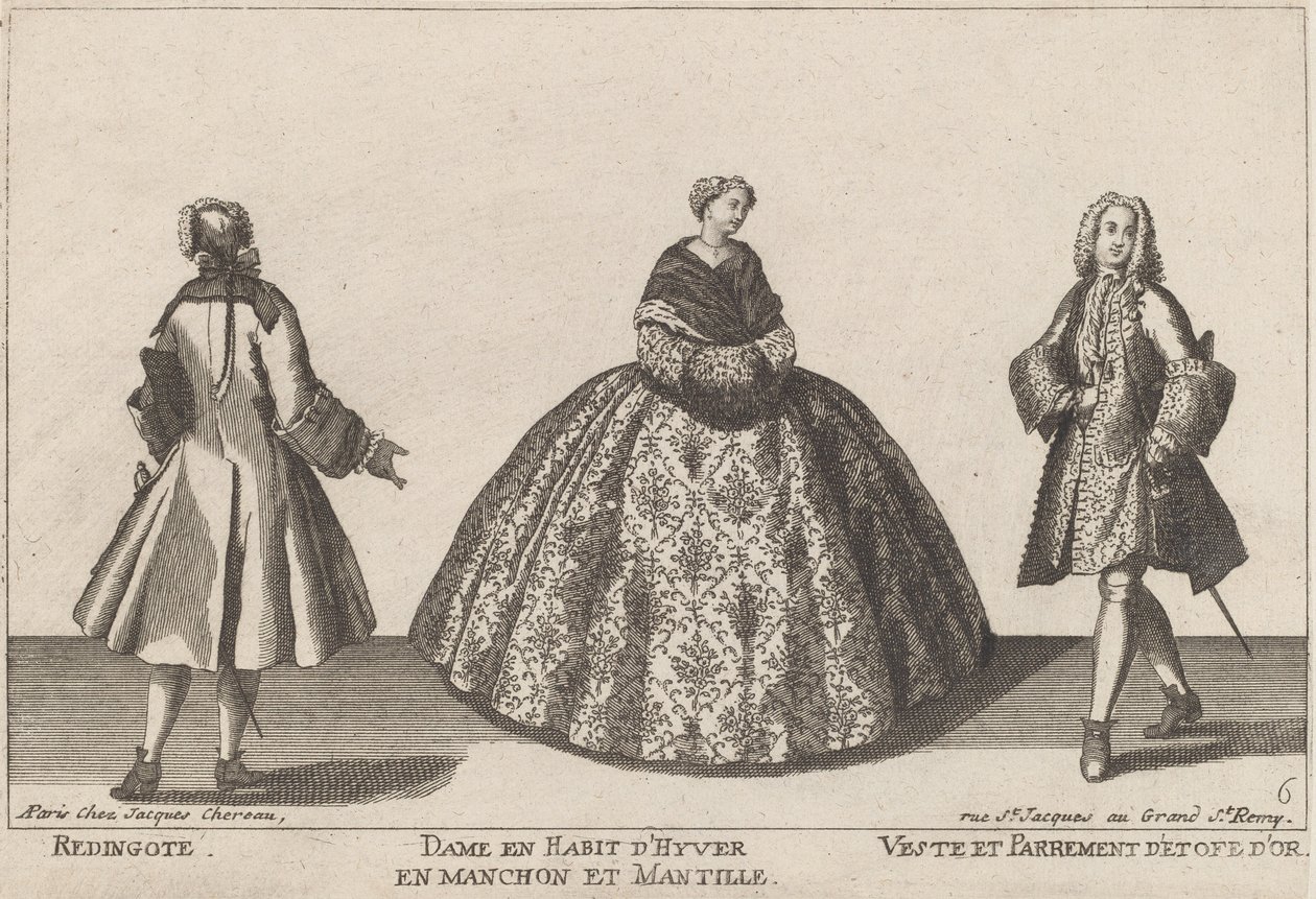 Muff/Ceket ve Altın Kumaş Kaplamalı Kışlık Elbisede Redingote/Lady by published by Jacques Chéreau