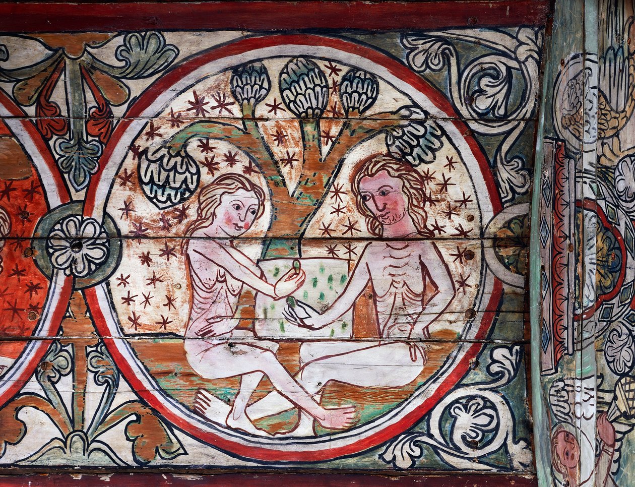 Adam and Eve in Garden of Eden, decoration from Al Stavkirke, Norway (fresco) by school Scandinavian