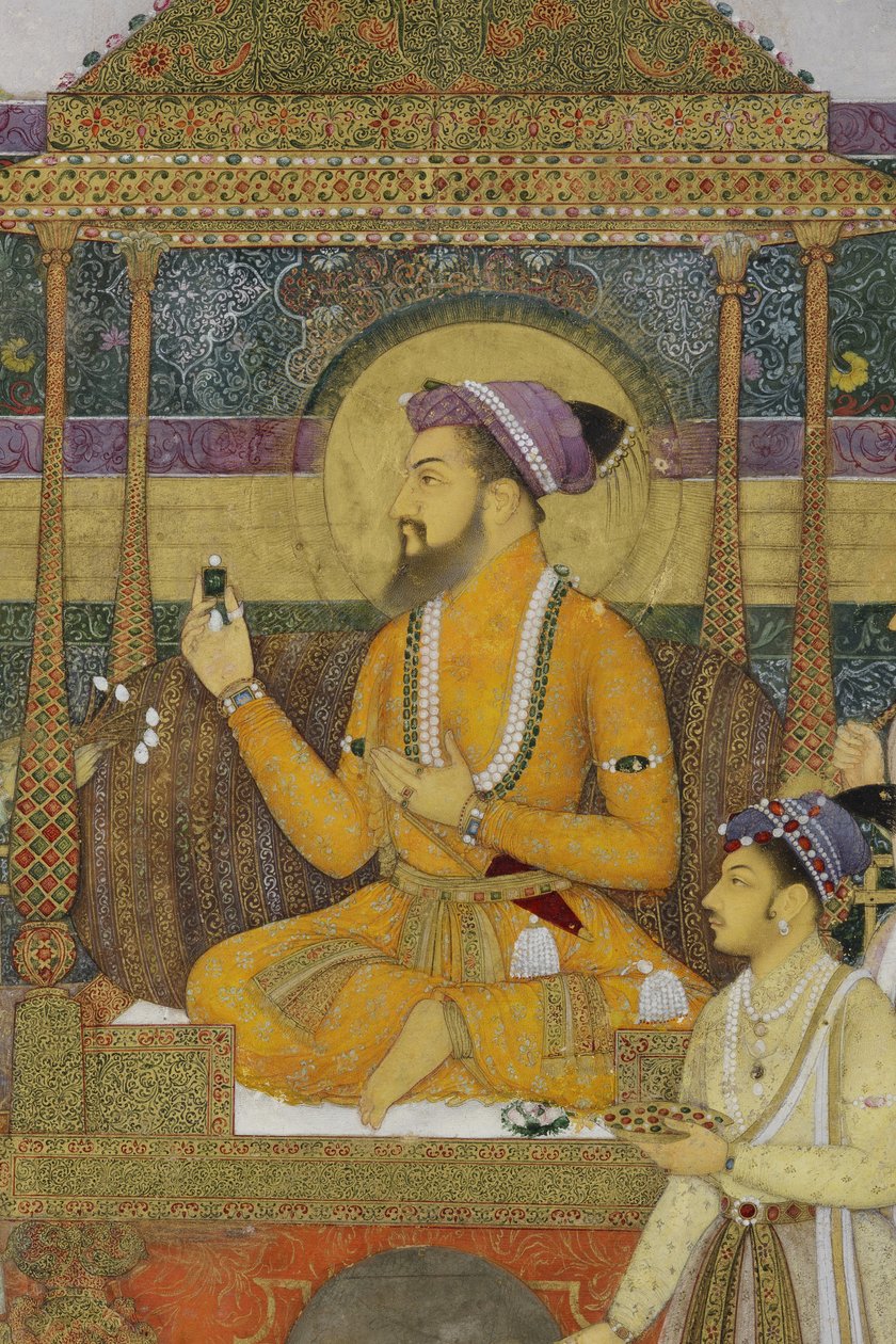 Tavus Kuşu Tahtındaki İmparator Shah Jahan'dan detay, 1640 (kağıt üzerinde opak wc ve altın) by son of Aqa Riza Abid