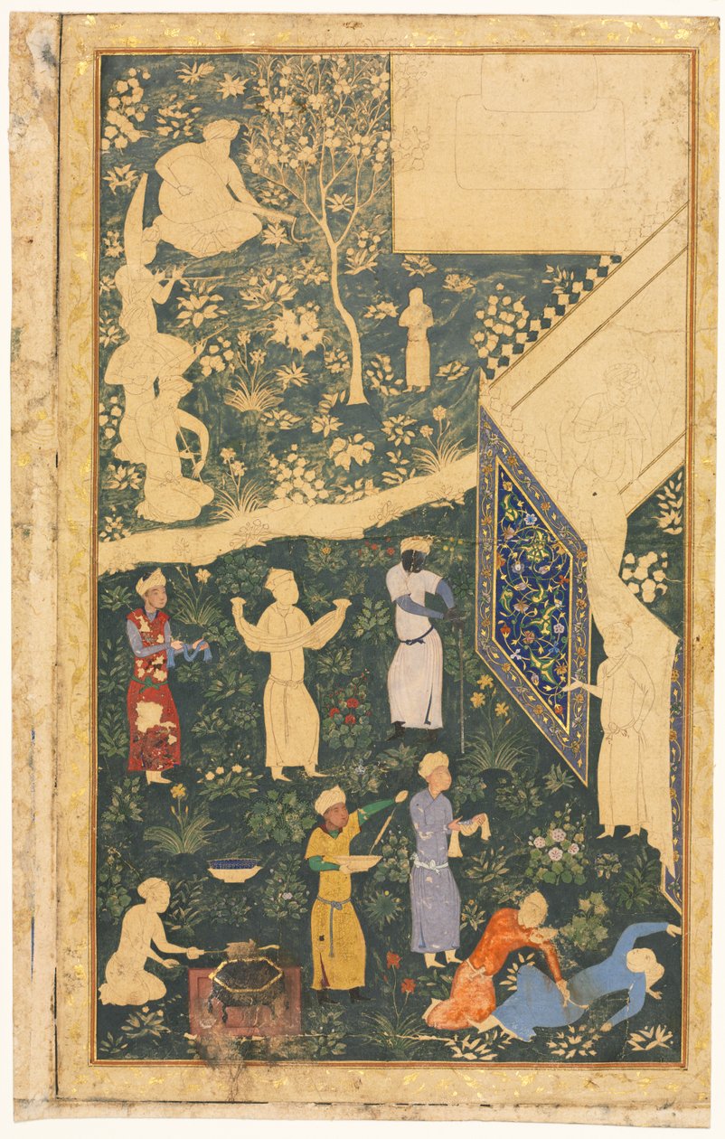 Çift sayfalık bir albüm folyosunun sol tarafı: Kraliyet Kampı Dışında (rekto) by style of Bihzad
