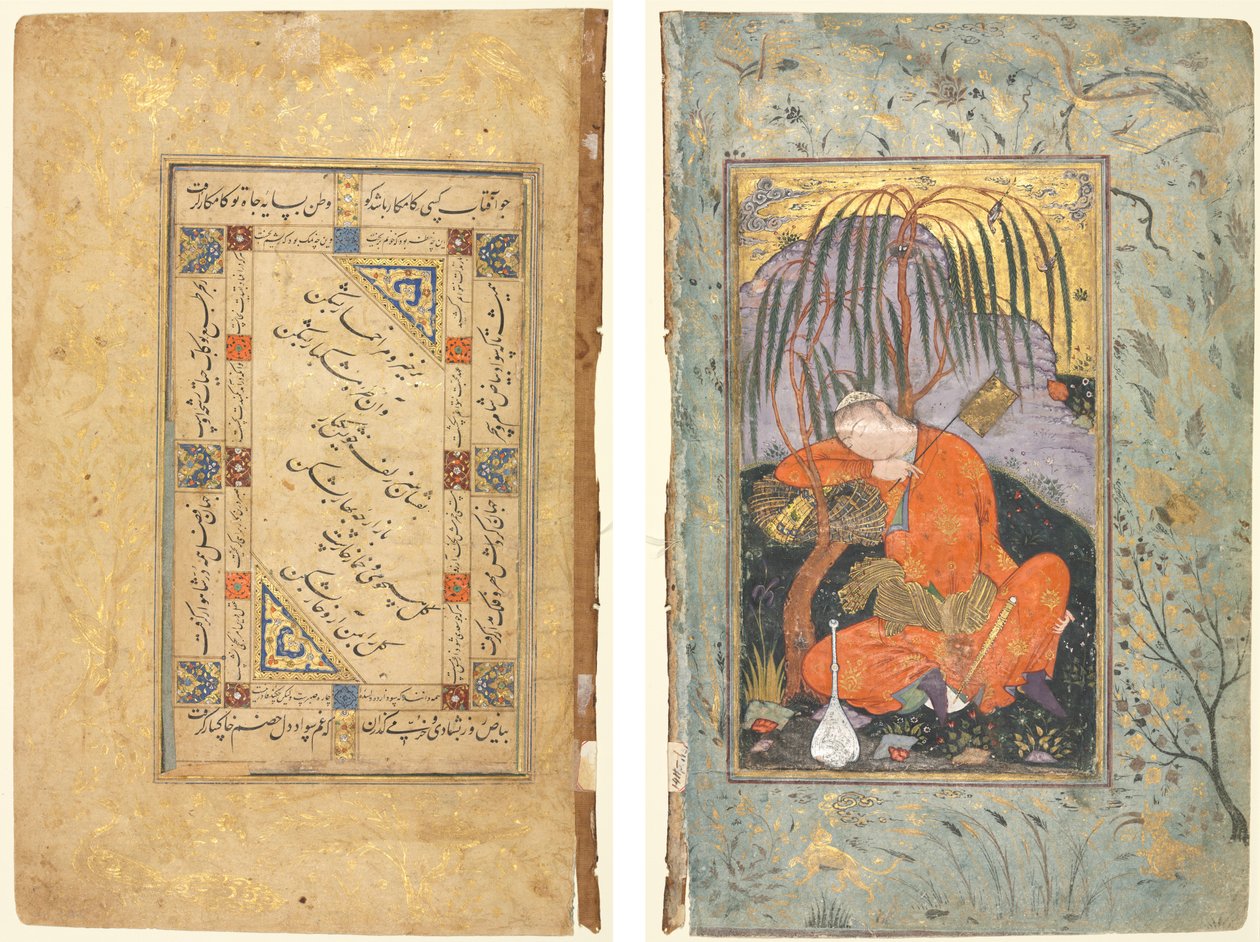 Farsça Beyitler (rekto); Uyuyan Gençlik (versi) by style of Riza yi Abbasi