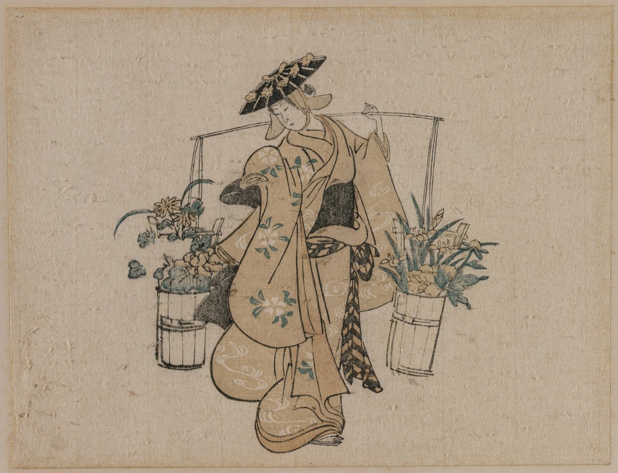 İki Kova Çiçek Taşıyan Güzel by style of Torii Kiyomasu