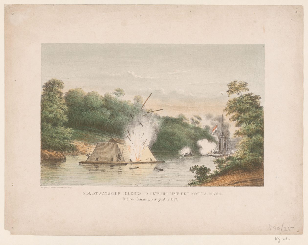 ZM Steamship Ünlüler bir kotta-mara ile savaşta. Poeloe Kanamit, 6 Ağustos 1859 (nesne üzerindeki başlık) by weduwe Elias Spanier and Zn