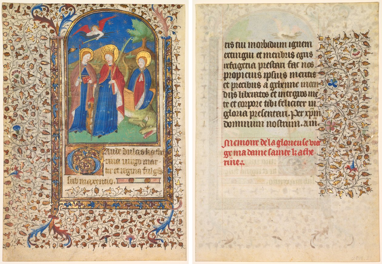 Bir Saatler Kitabından Yaprak: Sts. Geneviève, İskenderiyeli Catherine ve Margaret (rekto) ve Metin (verso) by workshop of Boucicaut Master