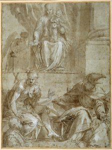 Bakire ve Çocuk, Vaftizci Yahya ile tahta çıktı, c.1548 (kalem, siyah mürekkep ve kağıt üzerinde kahverengi yıkama) by Veronese