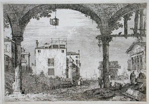 Bir çarşıdan kıyı binalarına doğru görüntüleyin (gravür) by Canaletto