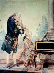 Wolfgang Amadeus Mozart (1756-1791) babası Leopold ile piyano çalan çocuk”” Suluboya, Louis Carrogis Carmontelle (1717-1806) 1777 Paris, Musee Carnavalet