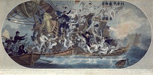 Majestelerinin son gemisi Hermione'nin (şimdi İntikam) 25 Ekim 1799'a yanaşması ve yakalanması, Roffe tarafından oyulmuş (renkli gravür) by (after) Elms