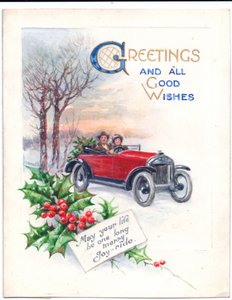 1951 dolaylarında kırmızı bir araba ve kutsal bir Noel kartı için orijinal sanat eseri by (after) English School