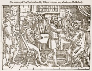 Tho'nun yanması. Tomkins'in eli, kısa bir süre sonra vücudunu da yakmış olan B. Boner tarafından, HDM Spence-Jones tarafından yazılan 'The Church of England: A History for the People'dan bir örnek, pub. c.1910 (lito) (sepya fotoğrafı) by (after) English School