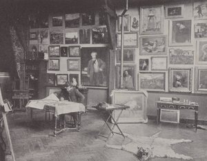 Fransız ressam Alfred Philippe Roll stüdyosunda (s/b fotoğraf) by (after) French Photographer