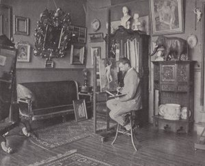 Fransız ressam Henri Gervex stüdyosunda (s/b fotoğraf) by (after) French Photographer